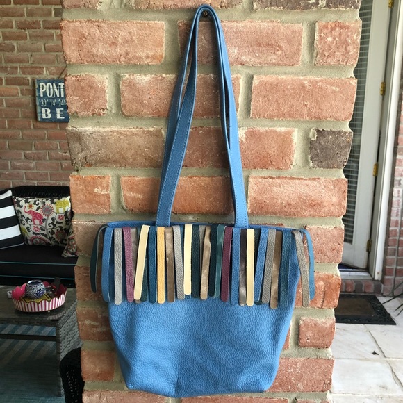 COCO BARCLAY Blue Pebbled Leather Boho Shoulder Bag Fringe London EUC - Picture 1 of 9